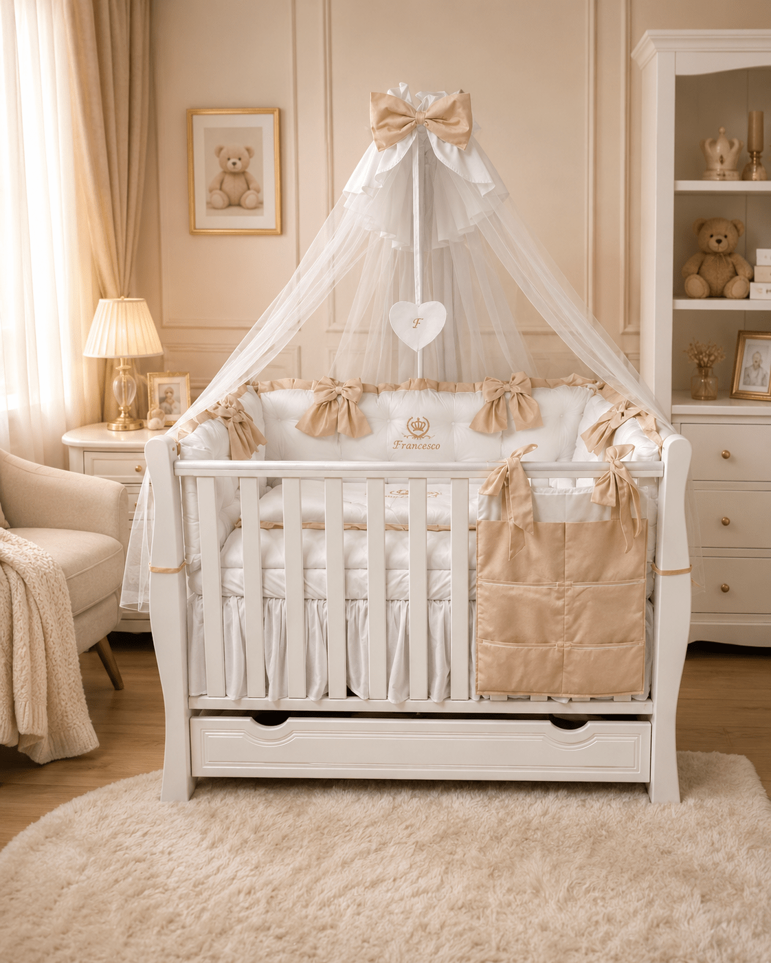 lenjerie-bebe-personalizata-13-12-2024-9 Lenjerie de patut personalizata 11 piese ROYAL White Beige Franceco - PEPPIbambini - imagine 1