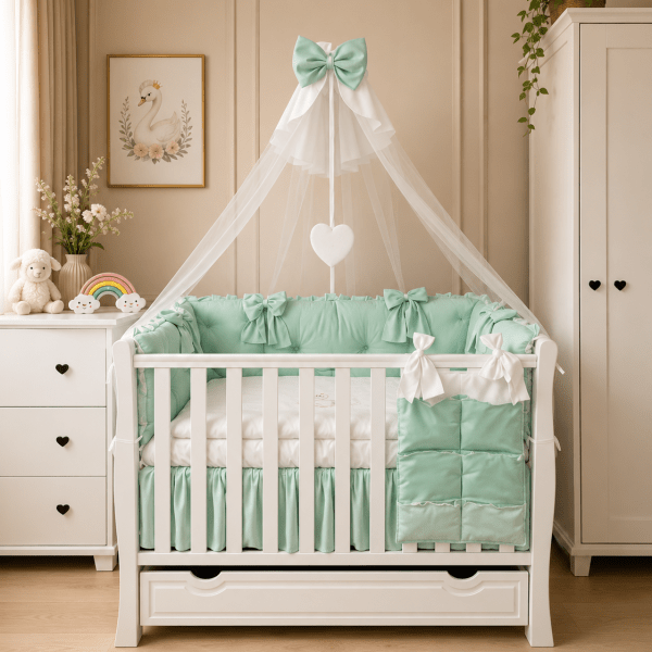 Lenjerie de patut personalizata 11 piese ROYAL Catifea Mint Ayana - PEPPIbambini
