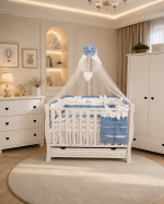 Lenjerie de patut personalizata 11 piese ROYAL Catifea White Blue Elias - PEPPIbambini - imagine 4