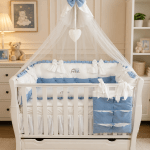 Lenjerie de patut personalizata 11 piese ROYAL Catifea White Blue Elias - PEPPIbambini