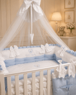 Lenjerie de patut personalizata 11 piese ROYAL White Blue Dublat Andrei - PEPPIbambini - imagine 2