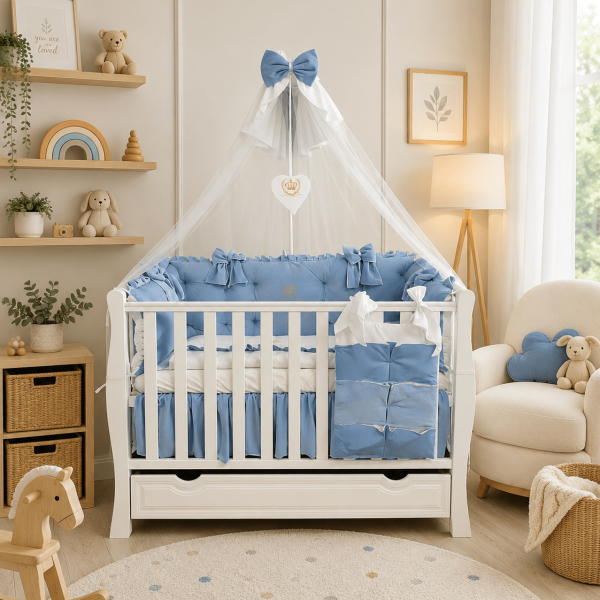 Lenjerie de patut personalizata 11 piese ROYAL Catifea Blue Dominic - PEPPIbambini