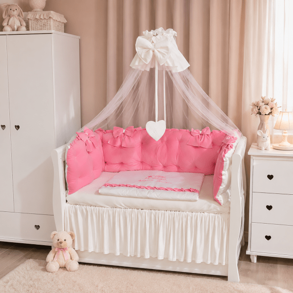 Lenjerie de patut personalizata 11 piese ROYAL Catifea Roz - PEPPIbambini