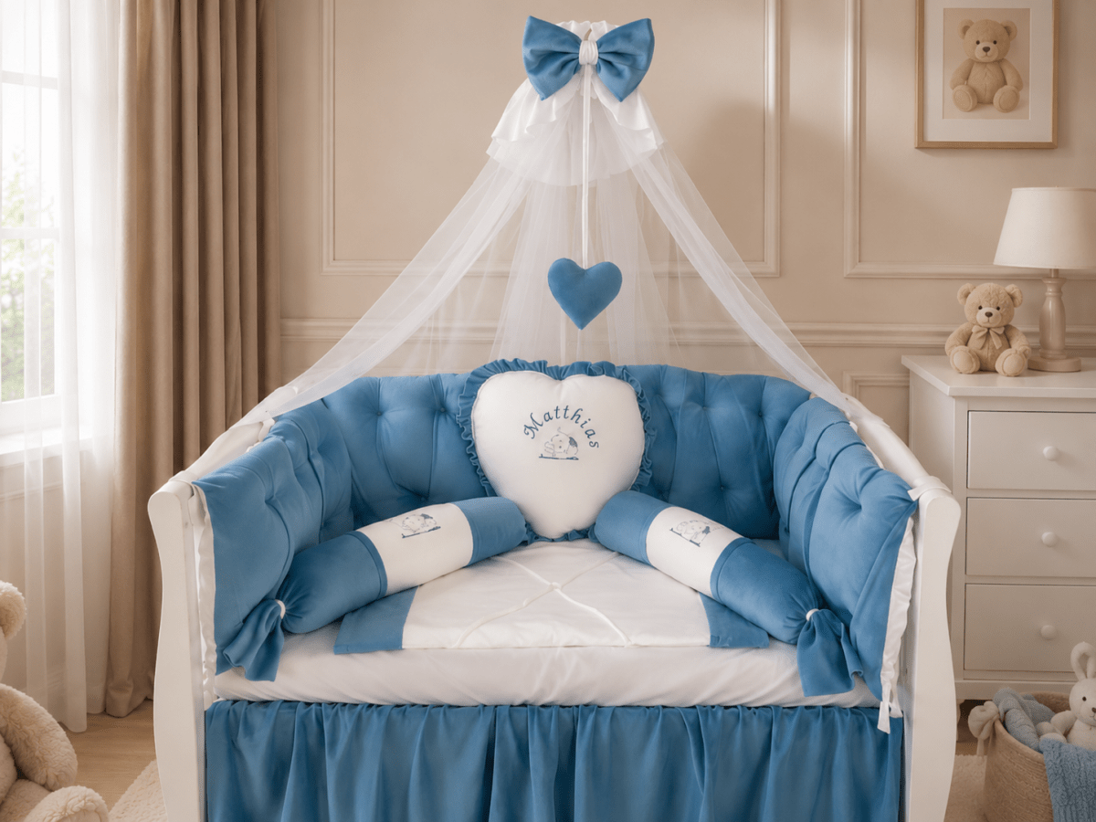 Lenjerie de patut personalizata 11 piese REGAL Blue - PEPPIbambini - imagine 2