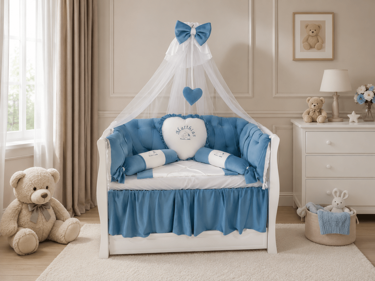 Lenjerie de patut personalizata 11 piese REGAL Blue - PEPPIbambini - imagine 3