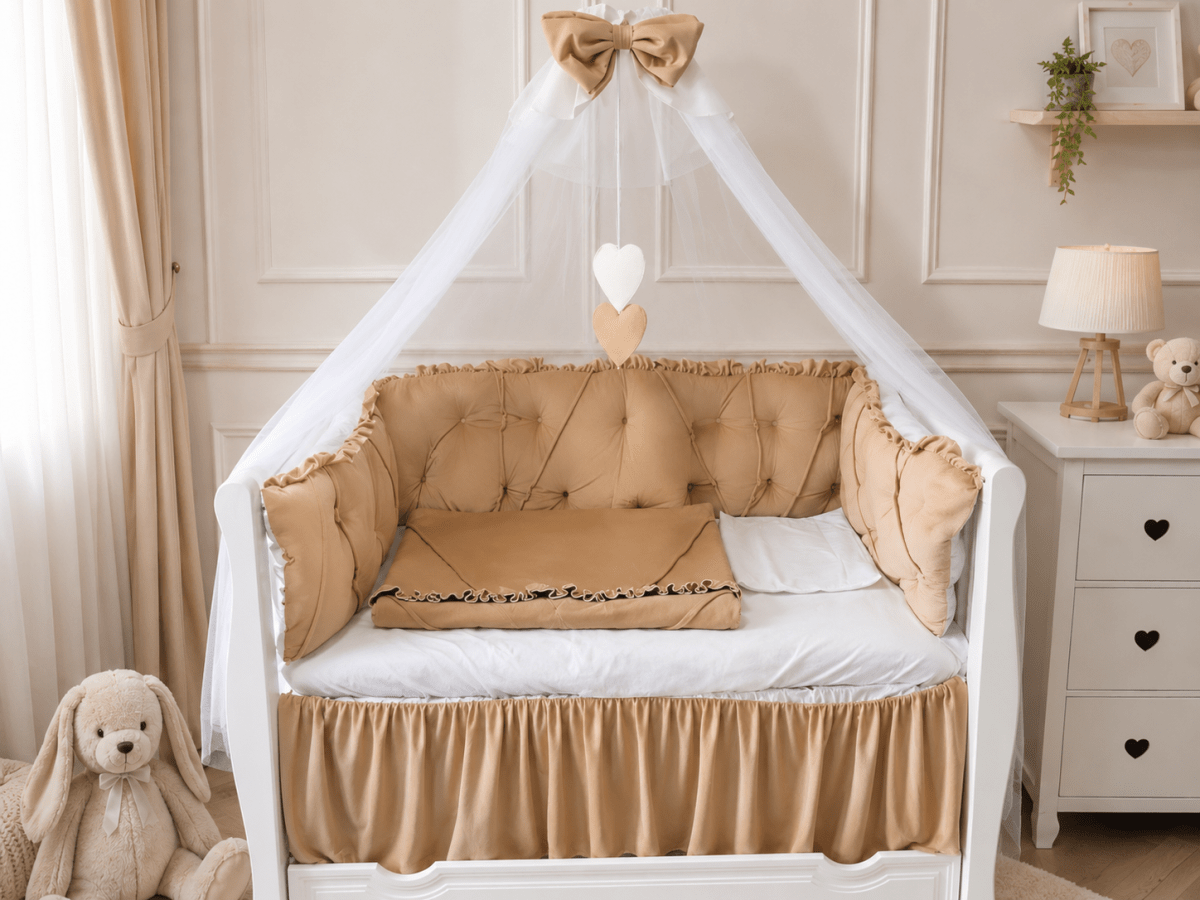 Lenjerie de patut personalizata 11 piese REGAL Beige - PEPPIbambini - imagine 2