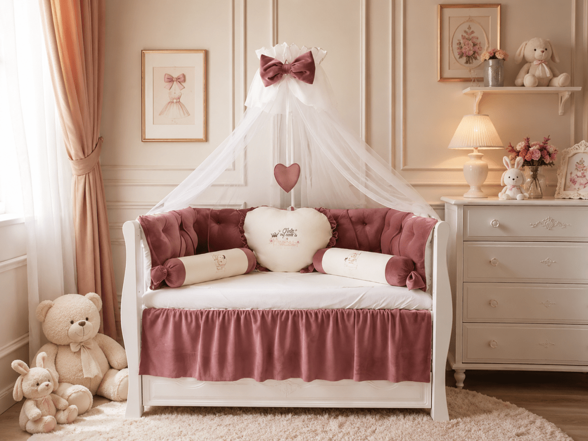 Lenjerie de patut personalizata 11 piese REGAL Pink - PEPPIbambini - imagine 3