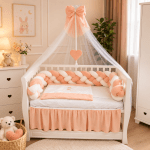 Lenjerie de patut personalizata 11 piese -Laterale Impletite Catifea Somon - PEPPIbambini