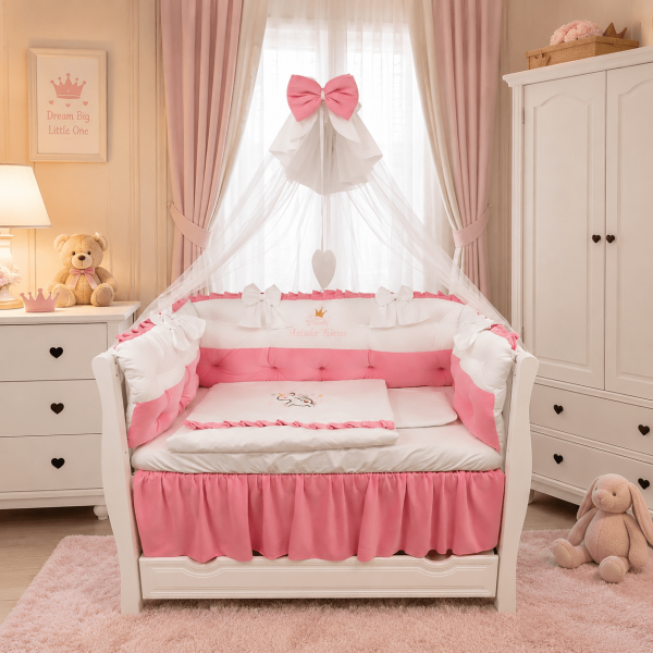 Lenjerie de patut personalizata 11 piese ROYAL Catifea White Pink - PEPPIbambini