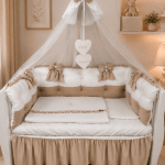 Lenjerie de patut personalizata 11 piese ROYAL Catifea White Beige - PEPPIbambini - imagine 2