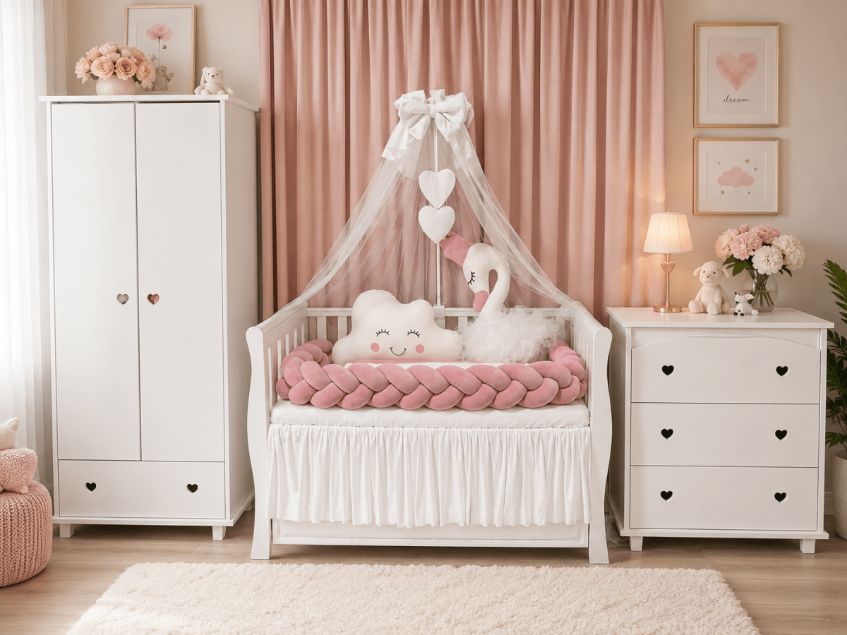 Lenjerie de patut personalizata 11 piese -Laterale Impletite Catifea Pink Lebada - PEPPIbambini - imagine 2