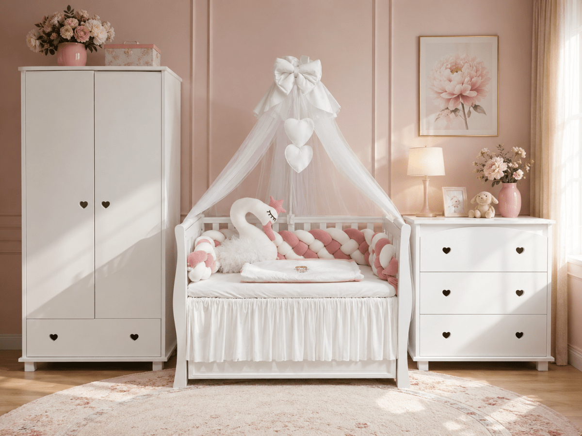 Lenjerie de patut personalizata 11 piese -Laterale Impletite Catifea Pink Lebada - PEPPIbambini - imagine 3