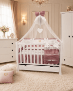 Lenjerie de patut personalizata 11 piese ROYAL Catifea White Pink Rebeca - PEPPIbambini