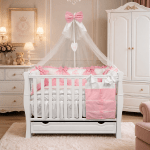 Lenjerie de patut personalizata 11 piese ROYAL White Pink Iris - PEPPIbambini