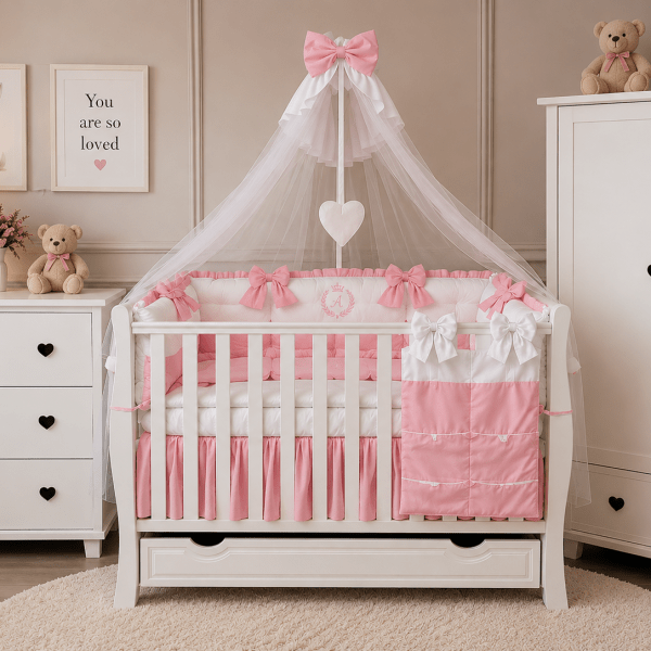 Lenjerie de patut personalizata 11 piese ROYAL White Pink - PEPPIbambini
