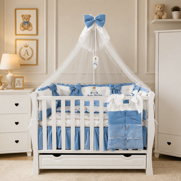 Lenjerie de patut personalizata 11 piese ROYAL Catifea White Blue Ayan - PEPPIbambini