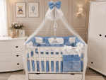 Lenjerie de patut personalizata 11 piese ROYAL Catifea White Blue Ayan - PEPPIbambini - imagine 3