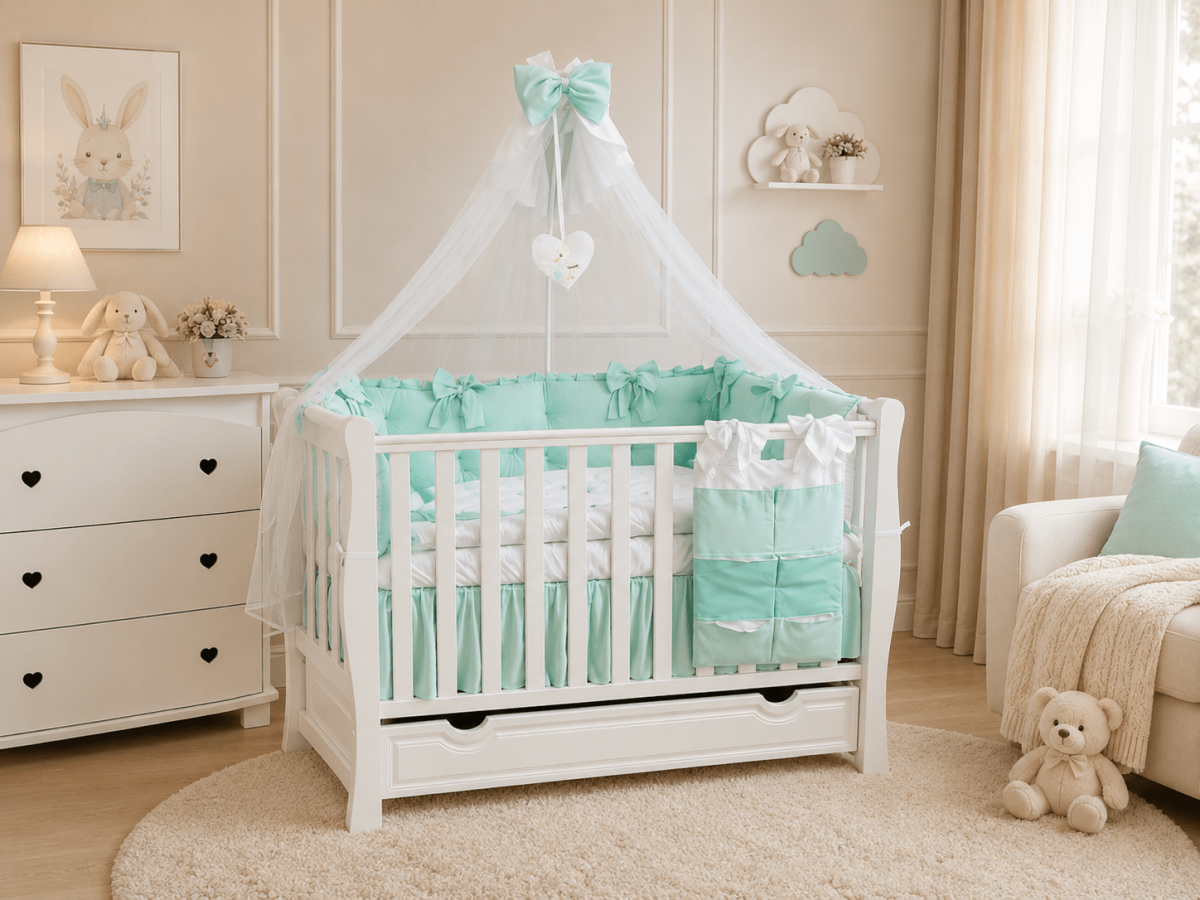 Lenjerie de patut personalizata 11 piese ROYAL Catifea Mint - PEPPIbambini - imagine 2