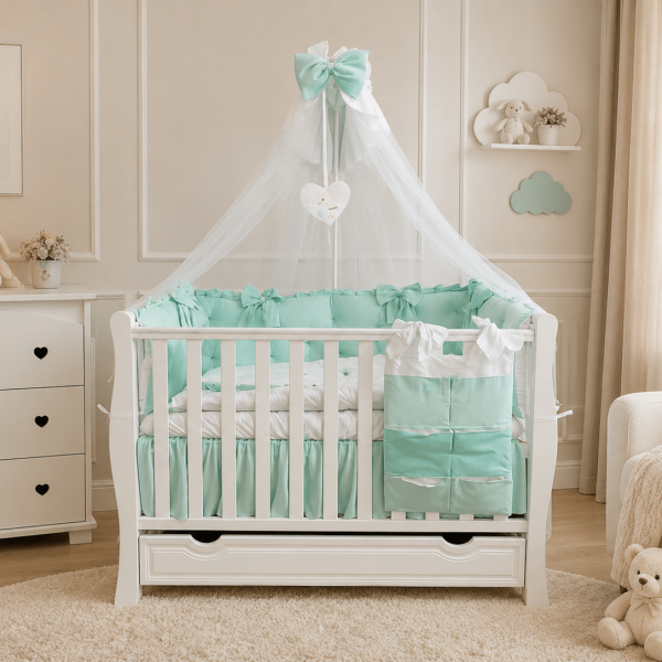 Lenjerie de patut personalizata 11 piese ROYAL Catifea Mint - PEPPIbambini