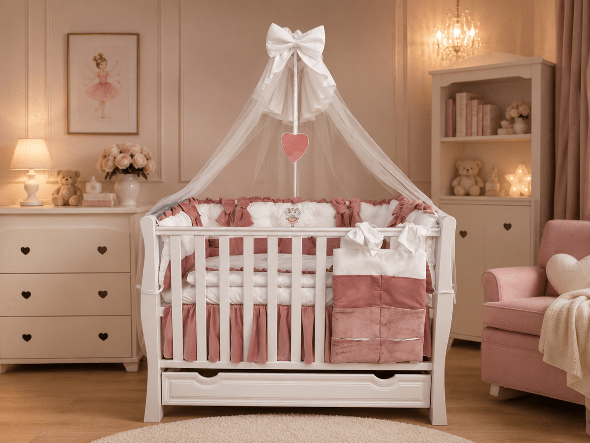 Lenjerie de patut personalizata 11 piese ROYAL Catifea White Pink -Cezara - PEPPIbambini - imagine 3