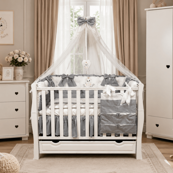 Lenjerie de patut personalizata 11 piese ROYAL White Grey - PEPPIbambini