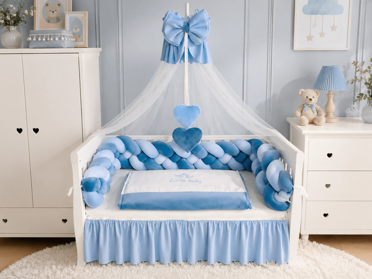 Lenjerie de patut personalizata 11 piese -Laterale Impletite Catifea Blue - PEPPIbambini - Image 2