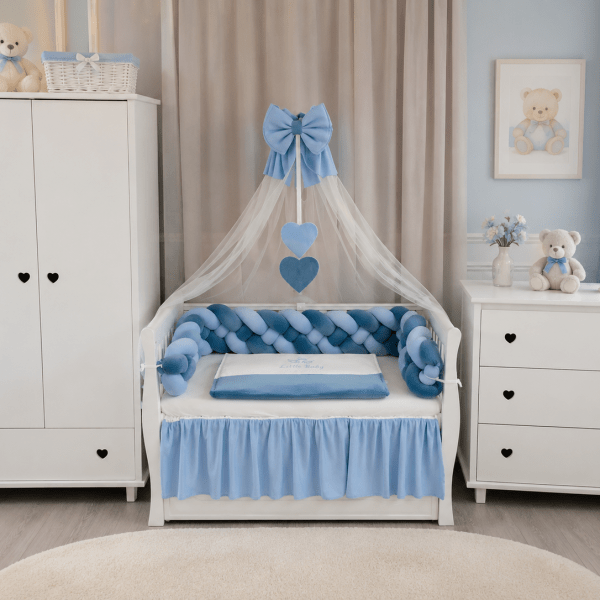 Lenjerie de patut personalizata 11 piese -Laterale Impletite Catifea Blue - PEPPIbambini