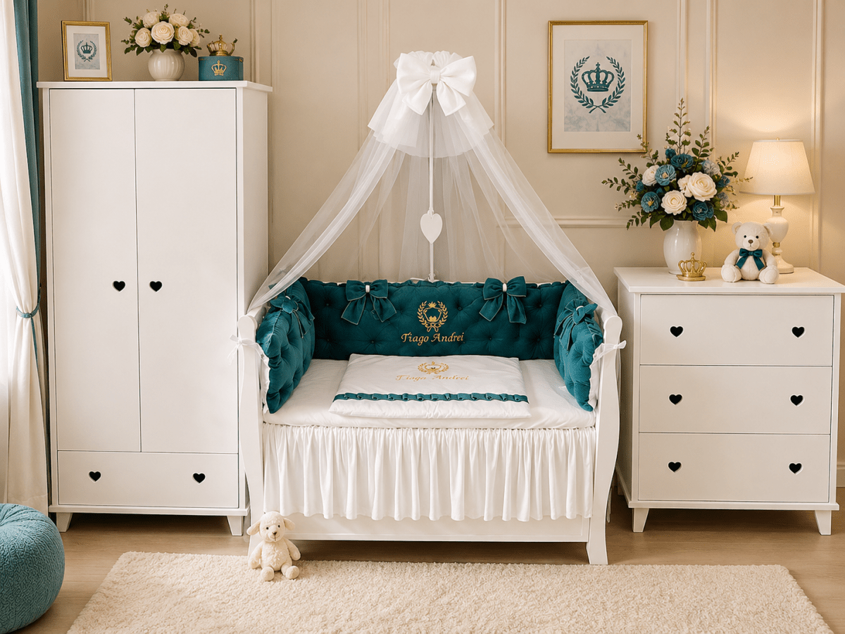 Lenjerie de patut personalizata 11 piese ROYAL Catifea Verde Smarald - PEPPIbambini - imagine 3