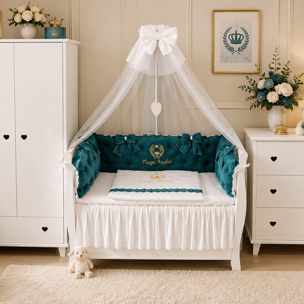 Lenjerie de patut personalizata 11 piese ROYAL Catifea Verde Smarald - PEPPIbambini