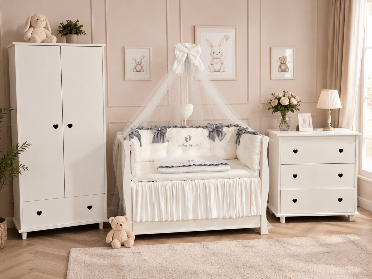 Lenjerie de patut personalizata 11 piese ROYAL Catifea White Grey - PEPPIbambini - imagine 3