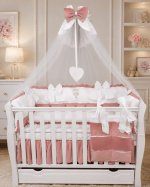 Lenjerie de patut personalizata 11 piese ROYAL Catifea White Pink Asy - PEPPIbambini