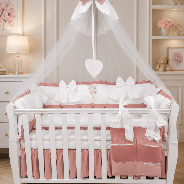 Lenjerie de patut personalizata 11 piese ROYAL Catifea White Pink Asy - PEPPIbambini