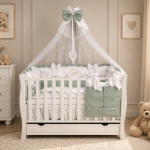 Lenjerie de patut personalizata 11 piese ROYAL White Green Dublat - PEPPIbambini