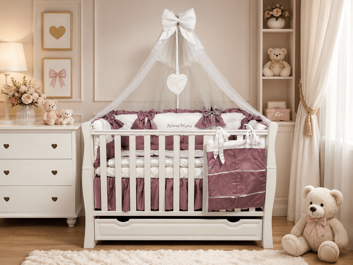 Lenjerie de patut personalizata 11 piese ROYAL White Purple - PEPPIbambini - Image 4