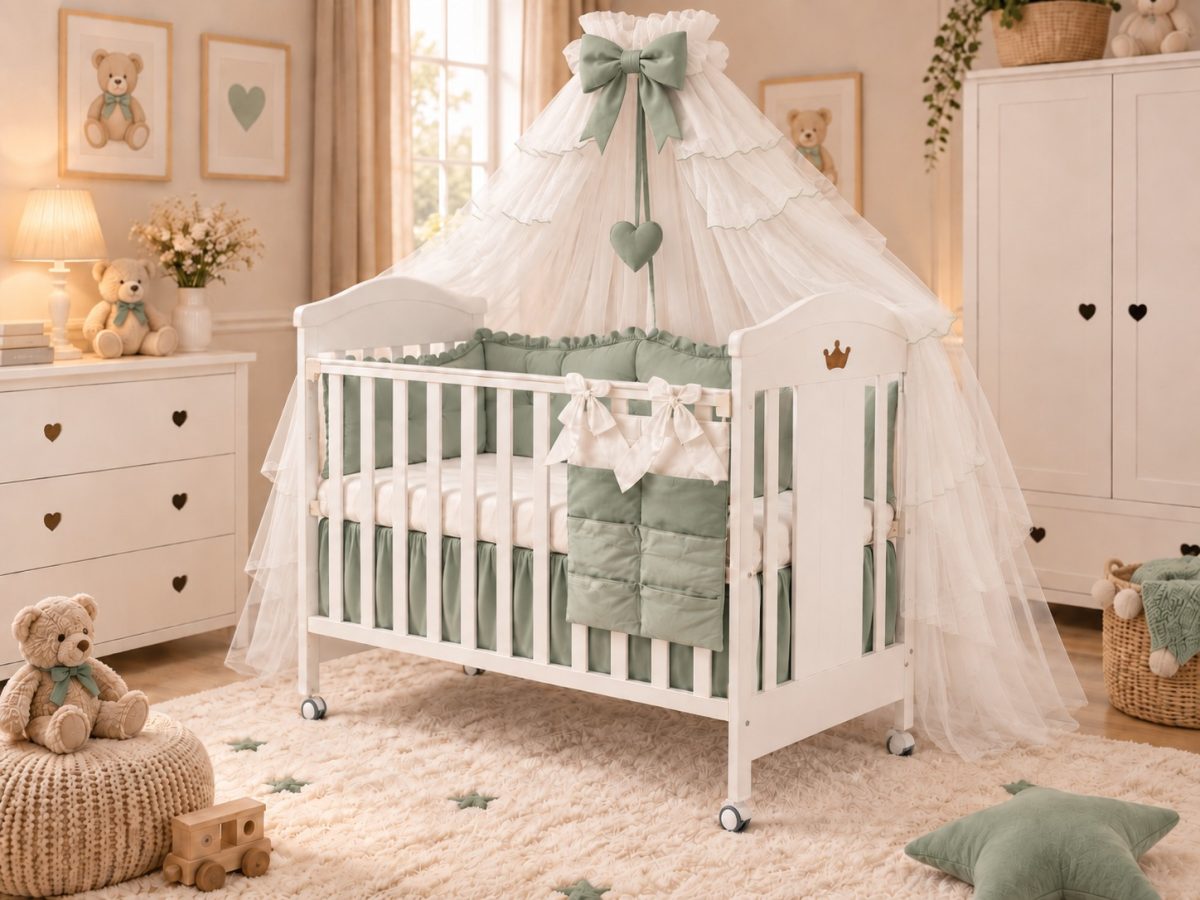 Patut bebe din lemn Crown 120/60 cu laterala culisanta si roti + Saltea Cocos - imagine 4