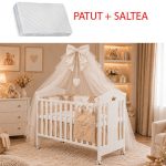 Patut bebe din lemn Crown 120/60 cu laterala culisanta si roti + Saltea Cocos