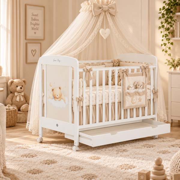 Patut din lemn Teddy Bear 120x60 cm, cu sertar , laterala culisanta si roti