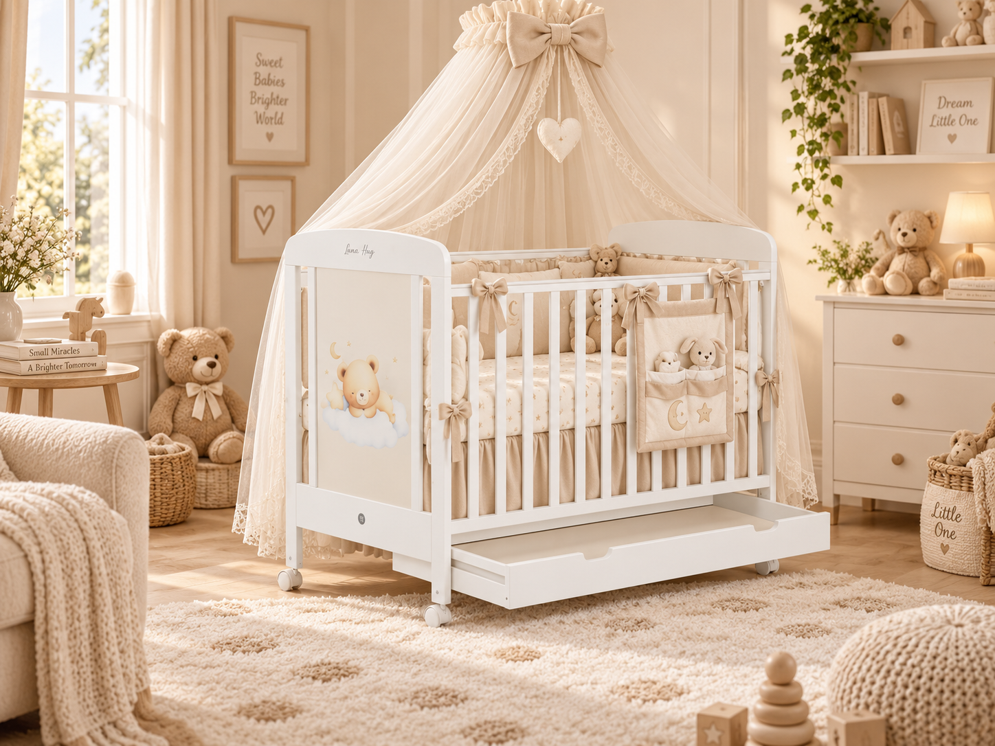 Patut din lemn Teddy Bear 1 Patut din lemn Teddy Bear 120x60 cm, cu sertar , laterala culisanta si roti - imagine 1