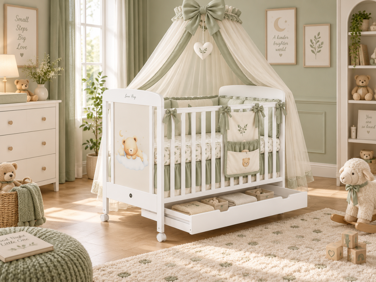 Patut din lemn Teddy Bear 120x60 cm, cu sertar , laterala culisanta si roti + Saltea Cocos - imagine 8