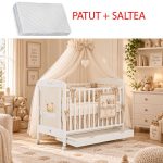 Patut din lemn Teddy Bear 120x60 cm, cu sertar , laterala culisanta si roti + Saltea Cocos